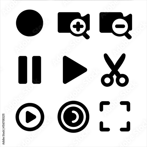 Filming Action Icons. Solid, filled icon set of filming actions: record button, zoom in, zoom out, pause icon, play button, cut