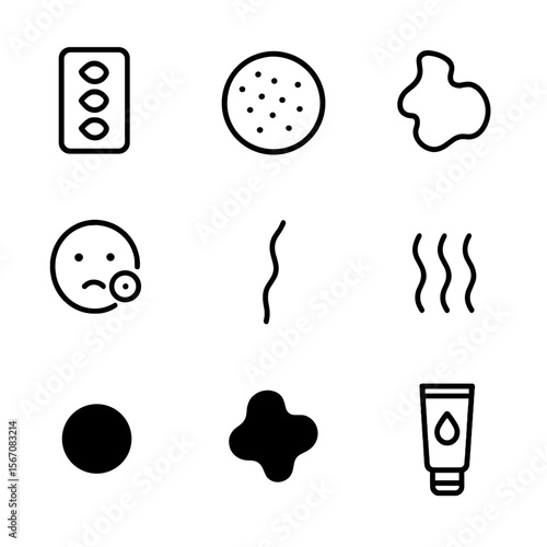 Diverse Skin Icons. Outline icon set of diverse skin tones and features: foundation shade palette, freckle pattern, vitiligo patch
