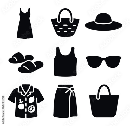 Seaside Market Outfit Icons. Solid, filled icons set of seaside market outfits: maxi dress, straw bag, wide