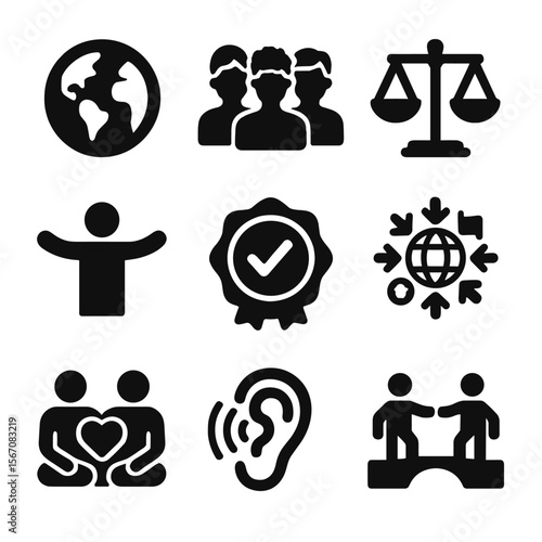 Diversity Leadership Icons. Solid, filled icons set of diversity and inclusion in leadership: world icon,