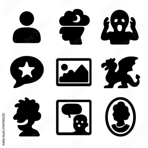 Diverse Icon Set. Solid, filled icons set of illustration styles and genres: minimalist, surreal,