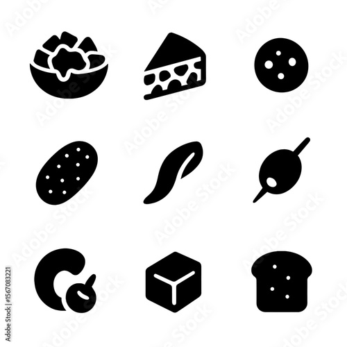 Tapas Icon Grid. Solid, Filled icon set of tapas selection: patatas bravas, tortilla española slice, chorizo coin, croqueta,