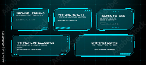 Futuristic head-up display elements for machine learning, artificial intelligence, virtual reality, and data networks.