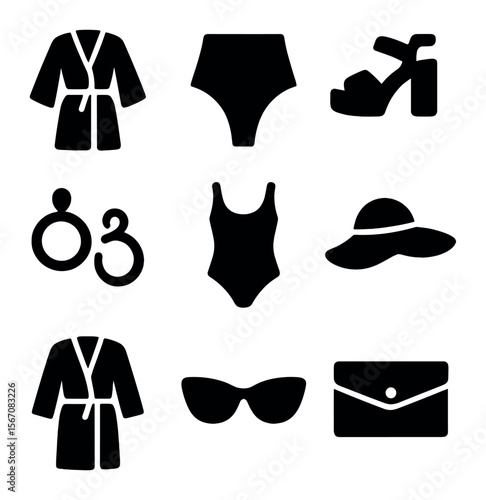 Resort Fashion Icons. Solid, filled icons set of resort-style fashion: silk robe, high-waist bottoms, platform