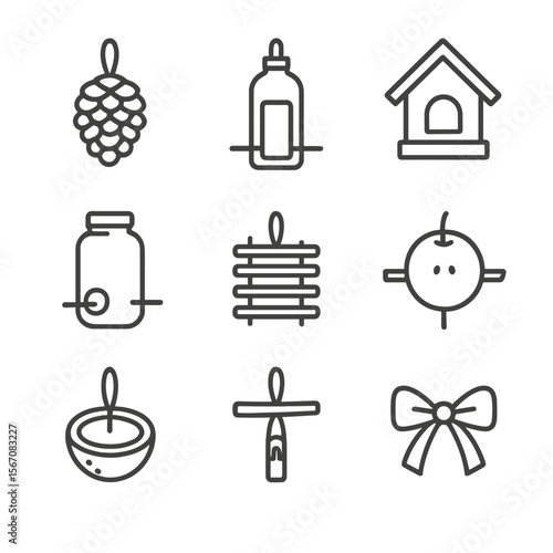 DIY Bird Feeder Icons. Outline icon set of DIY bird feeder crafts: pinecone feeder, recycled bottle feeder, wooden feeder, mason