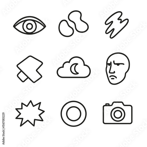 Diverse Art Styles Icons. Outline icon set of painting styles representation: realism eye, abstract shape cluster, impressionist
