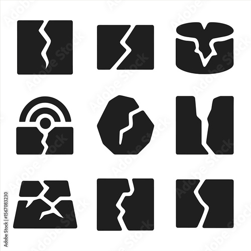 Geological Fault Icon Set. Solid, filled icon set of geological cracks and faults: earth fissure, fault line, ground rupture,