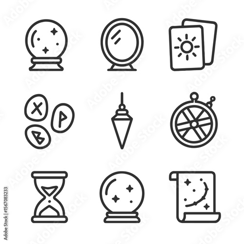 Divination Tool Icons. Outline icon set of scrying and divination tools: crystal ball on stand, polished scrying mirror, tarot