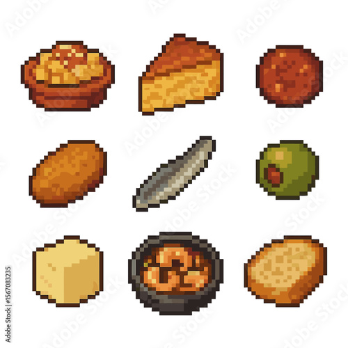 Tapas Icon Set. Pixel art icon set of tapas selection: patatas bravas, tortilla española slice, chorizo coin, croqueta, anchovy