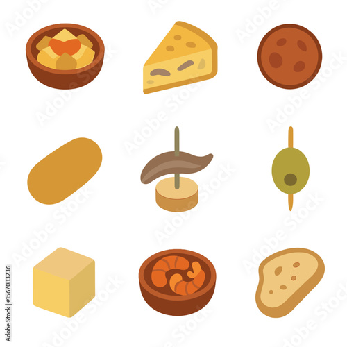 Tapas Icon Grid. Flat icon set of tapas selection: patatas bravas, tortilla española slice, chorizo coin, croqueta, anchovy fillet