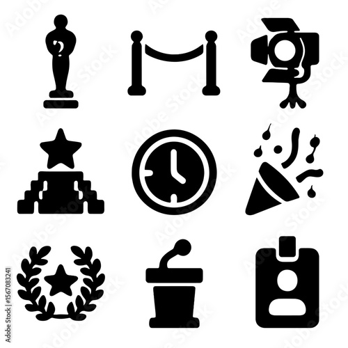 Filmmaking Prestige Icons. Solid, filled icon set of filmmaking prestige: director’s statue, velvet rope, spotlight icon, film