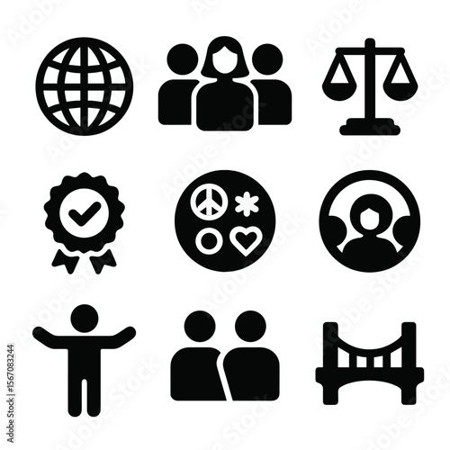 Diversity Leadership Icons. Solid, filled icons set of diversity and inclusion in leadership: world icon,