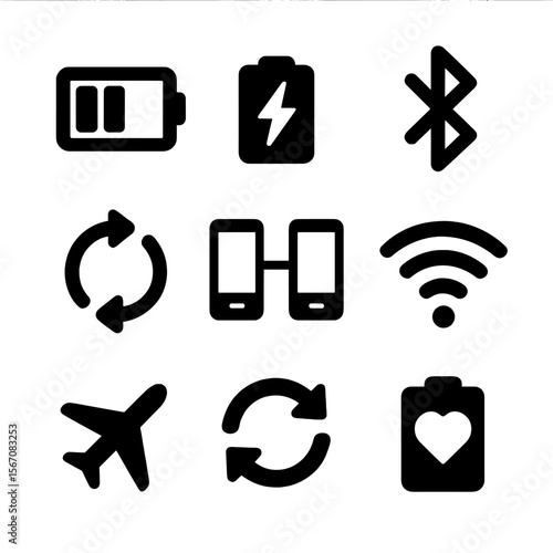 Tech Icons Grid. Solid, Filled icon set of battery and connectivity indicators: battery level, charging bolt, Bluetooth symbol,