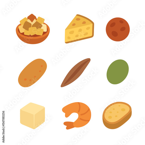 Tapas Icon Grid. Flat icon set of tapas selection: patatas bravas, tortilla española slice, chorizo coin, croqueta, anchovy fillet