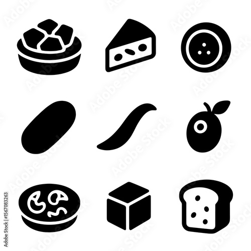Tapas Icon Grid. Solid, Filled icon set of tapas selection: patatas bravas, tortilla española slice, chorizo coin, croqueta,