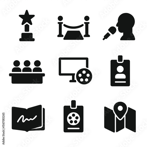 Film Festival Icons. Solid, filled icon set of film festival activities: award ceremony, red carpet, press interview, panel