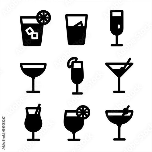 Gin Cocktail Icons. Solid, filled icon set of gin-based signature drinks: gin and tonic, negroni, Tom Collins, gimlet, French 75,