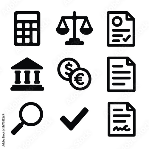 Financial Compliance Icons. Solid, filled icon set of financial compliance: calculator, balance scale, audit report, bank building