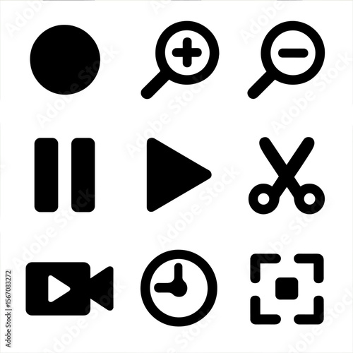 Filming Action Icons. Solid, filled icon set of filming actions: record button, zoom in, zoom out, pause icon, play button, cut