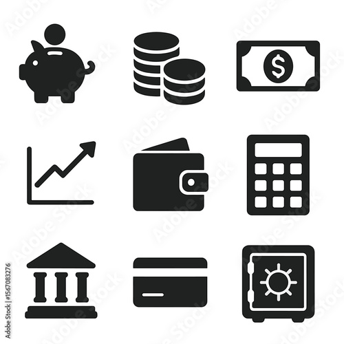 Financial Growth Icons. Solid, filled icon set of financial growth: piggy bank, coin stack, dollar bill, upward graph, wallet,