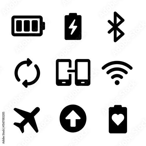 Tech Icons Grid. Solid, Filled icon set of battery and connectivity indicators: battery level, charging bolt, Bluetooth symbol,