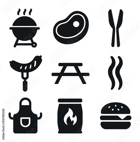 Barbecue Party Icons. Solid, filled icons set of barbecue party: grill, steak, tongs, sausage, picnic table,