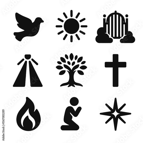 Divine Connection Icons. Solid, filled icons set of connecting with higher power: dove, sunburst, heavenly