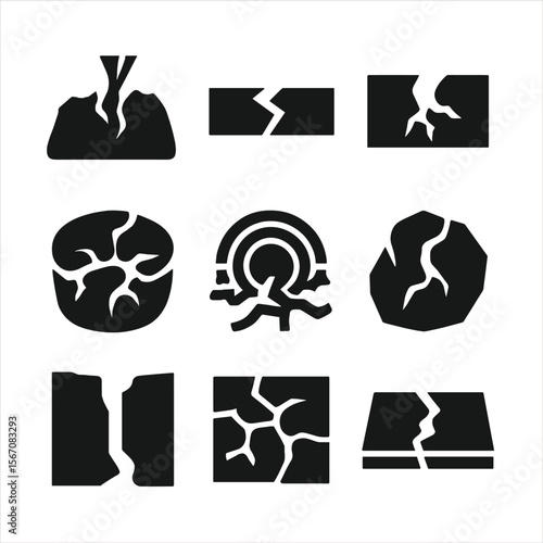 Geological Fault Icon Set. Solid, filled icon set of geological cracks and faults: earth fissure, fault line, ground rupture,