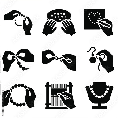Jewelry Craft Icons. Solid, filled icon set of jewelry types: necklace, bracelet, earrings, anklet, brooch, ring, choker, cuff,