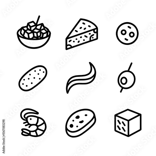Tapas Icon Set. Outline icon set of tapas selection: patatas bravas, tortilla española slice, chorizo coin, croqueta, anchovy