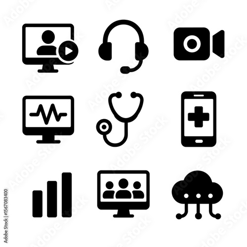 Telehealth Icon Grid. Flat icon set of telehealth integration: video call, headset, camera, medical monitor, remote stethoscope,