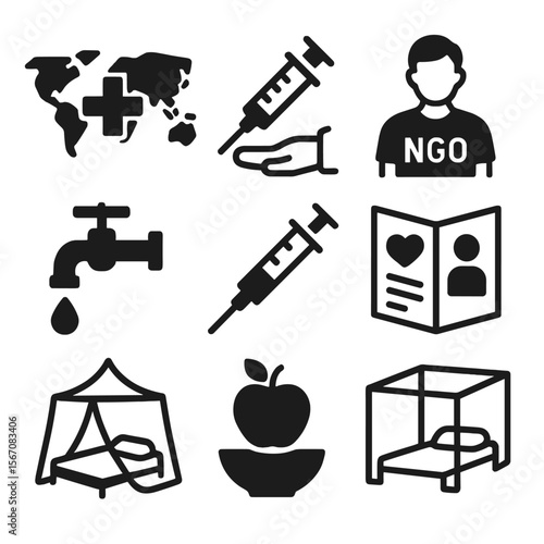 Global Health Icons. Solid, filled icon set of global health initiatives: world map with cross, vaccination campaign, medical aid