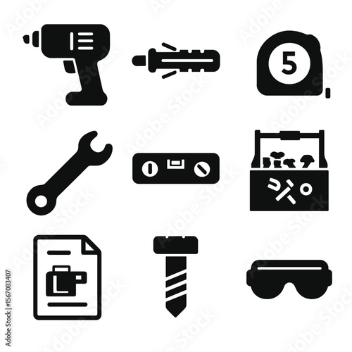 DIY Garage Icon Set. Solid, filled icons set of DIY garage upgrades: power drill, wall anchor, measuring tape,