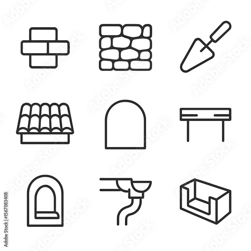 Earth and Stone Iconography. Outline icon set of earth and stone construction: adobe brick stack, stone wall silhouette, earthen
