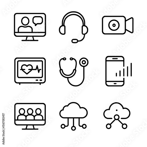Telehealth Icon Set. Outline icon set of telehealth integration: video call, headset, camera, medical monitor, remote stethoscope,