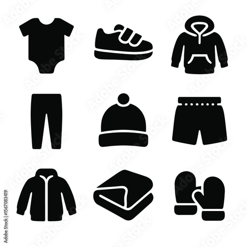 Kids' Comfort Clothing Icons. Solid, filled icon set of kids' comfort clothing: onesie, velcro shoes, cozy hoodie, cotton leggings