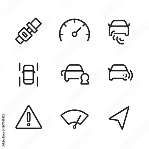 Driver Assistance Icons. Outline icon set of driver assistance and safety features: seatbelt buckle, speedometer dial, adaptive