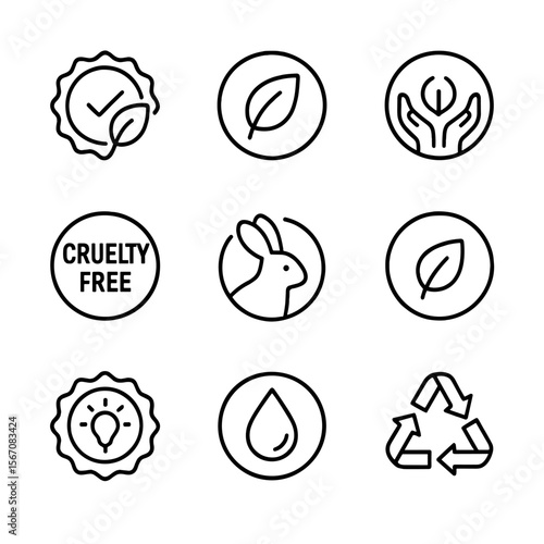 Eco Certification Icons. Outline icon set of eco certification seals: certification badge with checkmark and leaf, organic seal,