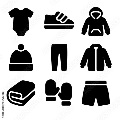 Kids' Comfort Clothing Icons. Solid, filled icon set of kids' comfort clothing: onesie, velcro shoes, cozy hoodie, cotton leggings