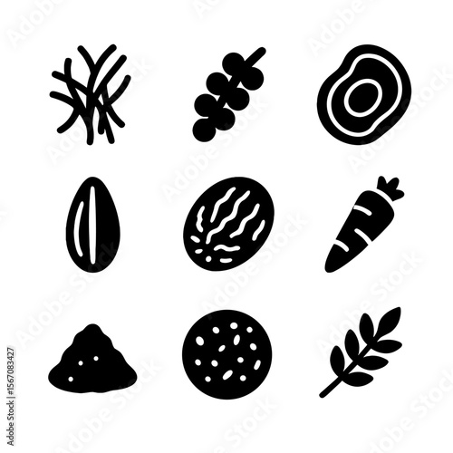 Global Spice Icons. Solid, filled icon set of global spices: saffron threads, sumac, ginger slice, nutmeg whole, fennel seed,
