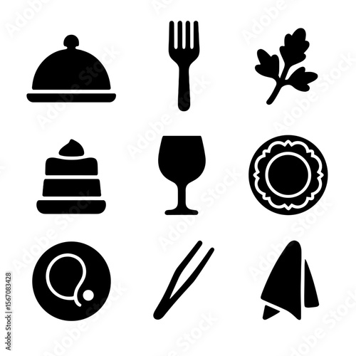 Fine Dining Icons. Solid, filled icon set of fine dining plating: dome cloche, silver fork, garnish sprig, layered mousse, crystal