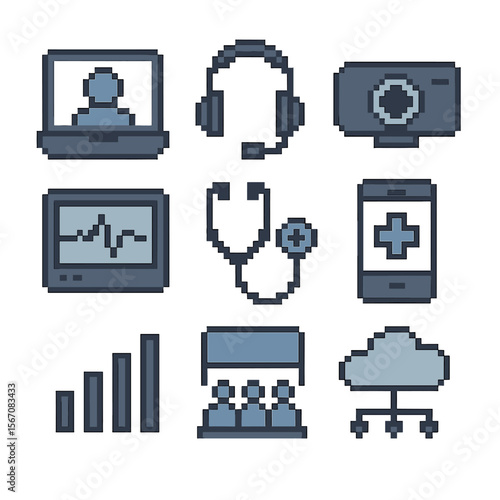 Telehealth Pixel Icons. Pixel art icon set of telehealth integration: video call, headset, camera, medical monitor, remote