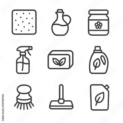 Eco Cleaning Icons. Outline icon set of eco-friendly cleaning supplies: reusable cleaning cloth, vinegar bottle, baking soda jar,