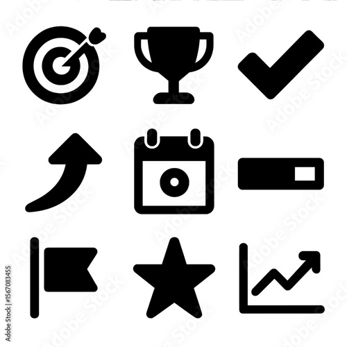 Goal Tracking Icons. Solid, filled icon set of goal setting and progress tracking: target, trophy, checkmark, upward arrow,