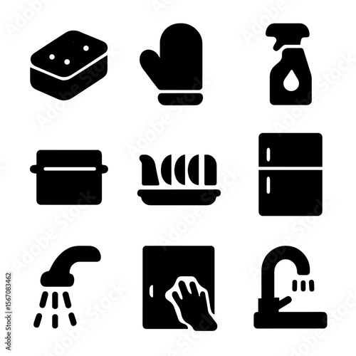 Kitchen Cleaning Icons. Solid, filled icon set of kitchen deep clean: sponge, oven mitt, stovetop brush, degreaser bottle,