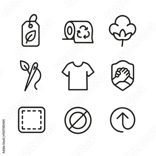 Eco Fashion Icons. Outline icon set of sustainable fashion label elements: hang tag with leaf, recycled fabric roll, organic