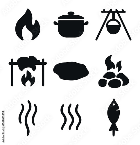 Open Fire Cooking Icons. Solid, filled icons set of open fire cooking: flame, stew pot, hanging tripod, spit