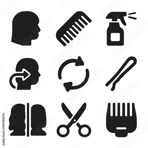 DIY Hair Tutorial Icons. Solid, filled icons set of DIY hair tutorials: head silhouette, comb icon, styling