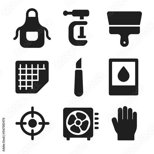 DIY Print Studio Icons. Solid, filled icons set of DIY print studio: apron, table clamp, small squeegee,