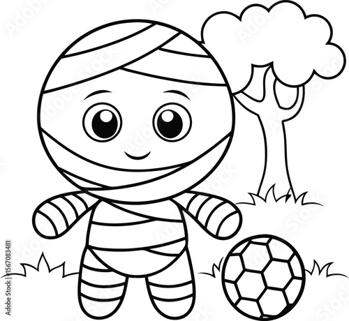 cute mummy playing soccer  add grass and a tree  c.eps